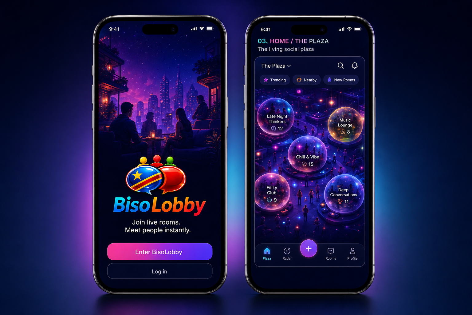 BisoLobby app — welkomstscherm en Live Plaza op iPhone