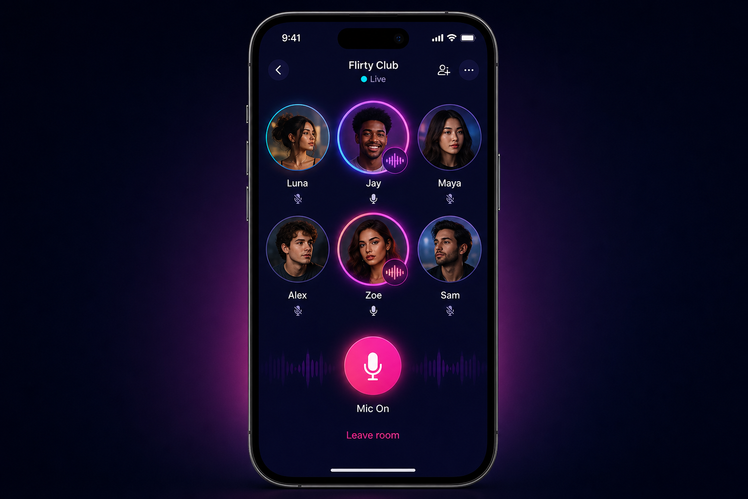 BisoLobby voice room met Mic On knop